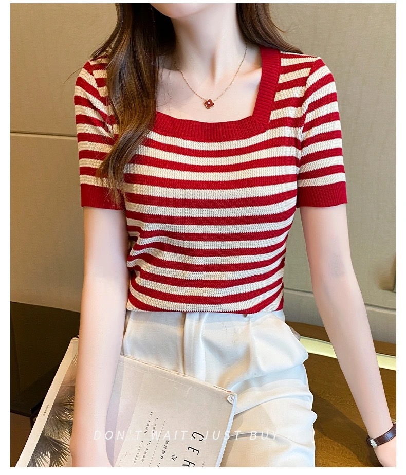 Length 54 Bust 84 Striped Knitwear Short-sleeved Women's Summer New Front Shoulder Thin Section Neck