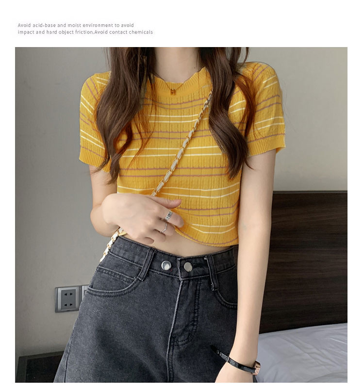 Length 55 Bust 86 Summer New Striped Thin Section Knitted Short-sleeved Western-style Short Top for Age Reduction