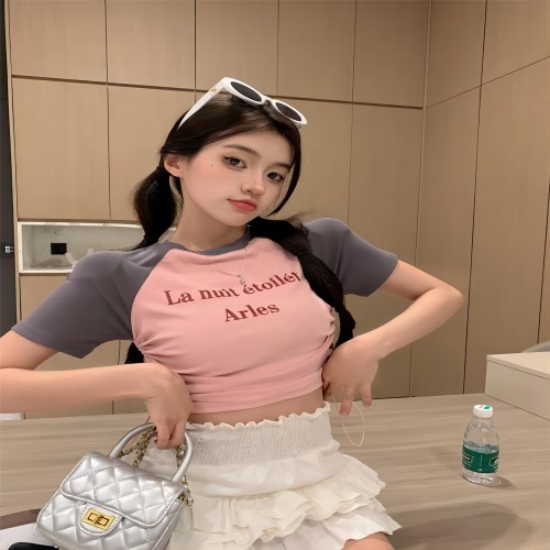 Spot thread American retro contrast color slim hot girl design sense niche drawstring top