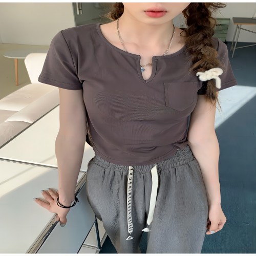 Ice silk thread V-neck short-sleeved T-shirt women's bottoming shirt summer short section slim hot girl