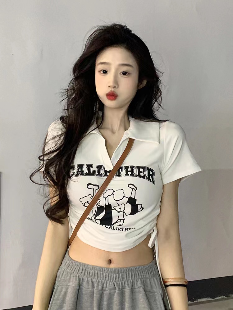 Screw short-sleeved t-shirt women's summer new lapel print slimming drawstring top