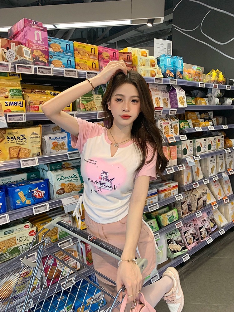 Thread Cotton Short Short Sleeve T-Shirt Drawstring Design Niche Tops Women
