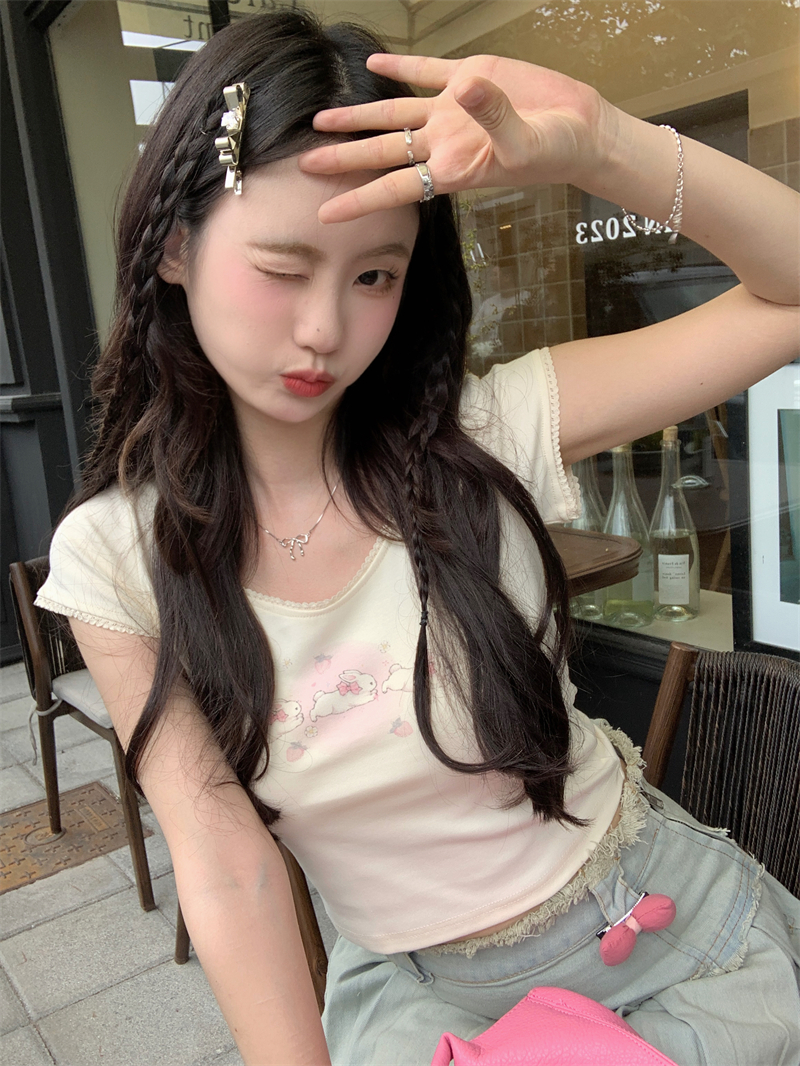 Pure cotton cat cat rabbit short T-shirt female small fresh cute short-sleeved top female