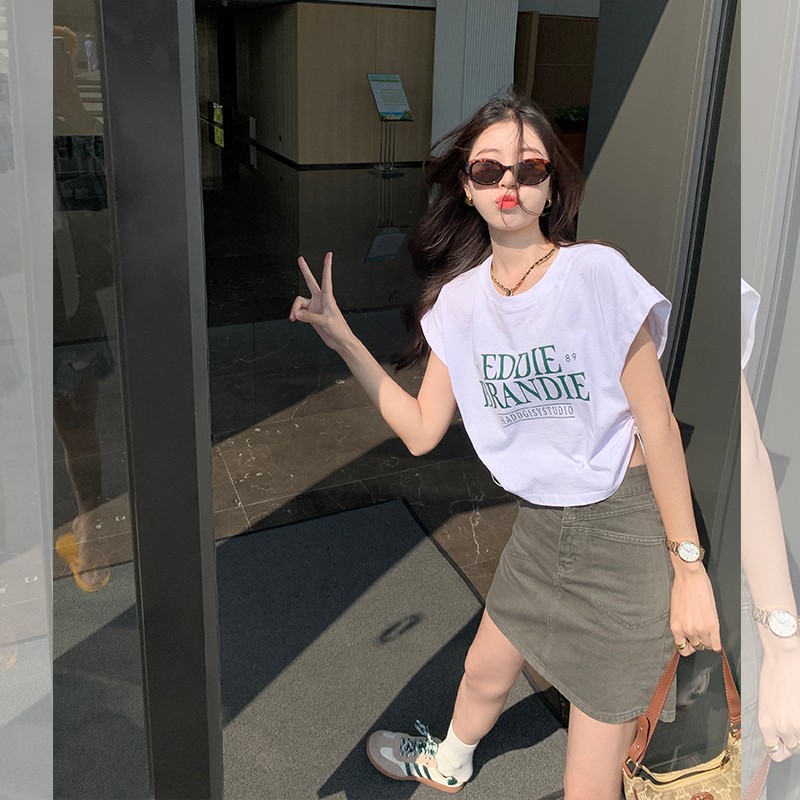 Pure cotton short-sleeved t-shirt women's summer Korean style drawstring niche design top