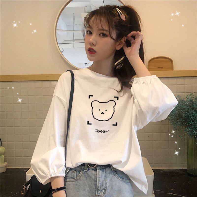 100% cotton long sleeve ins top female student Korean loose college Style Lantern Sleeve bottomed shirt fashion