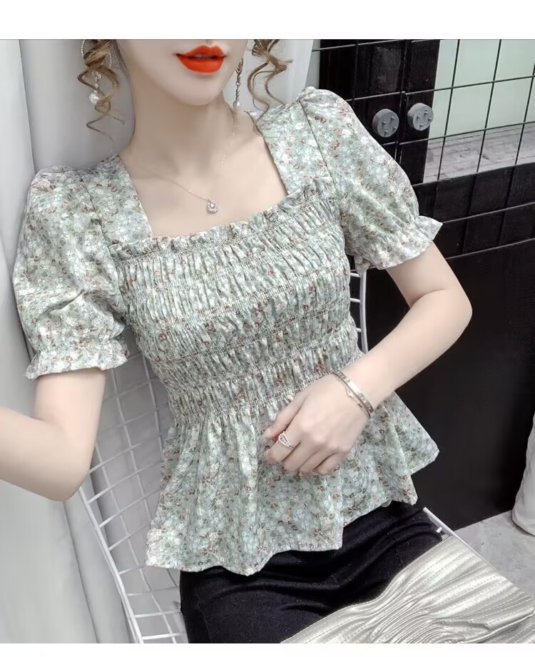 New French style design sense niche sweet all-match square collar wood ear small floral chiffon pullover short-sleeved top women