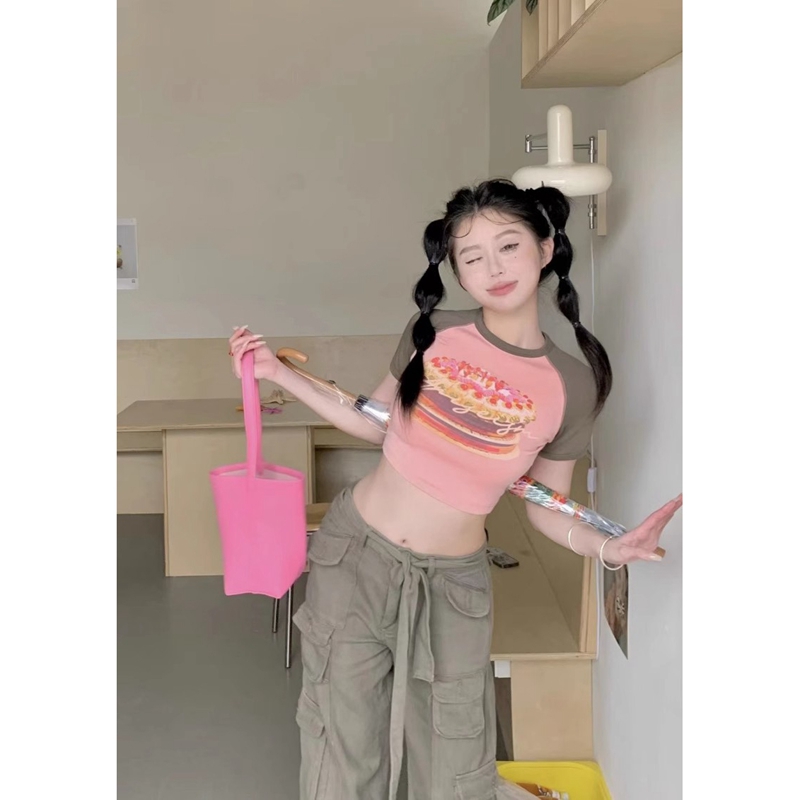 6535 pull frame cotton American retro hit color short-sleeved printed T-shirt female summer small hot girl