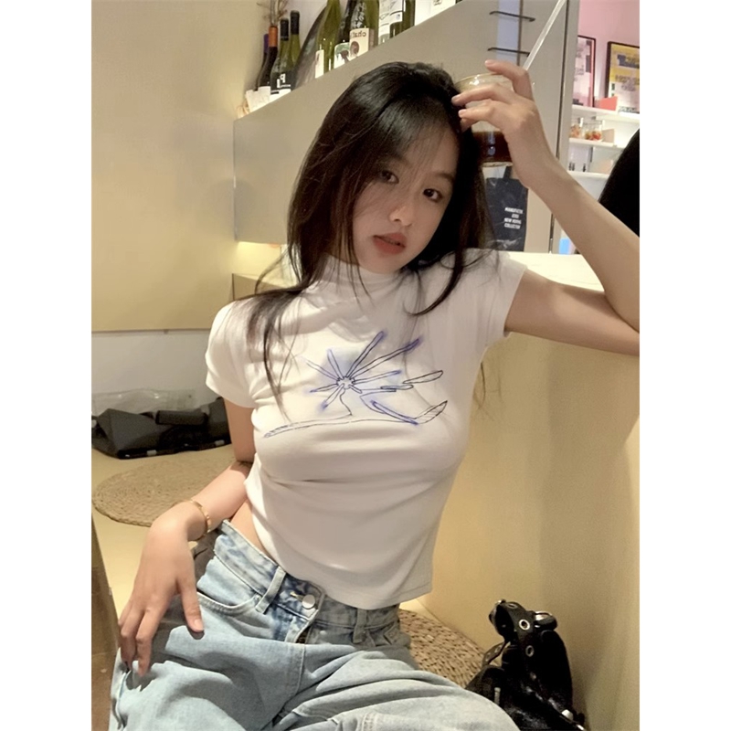 40 cotton ribbed 92 cotton 8 spandex white half-high collar front shoulder short-sleeved T-shirt summer pure desire