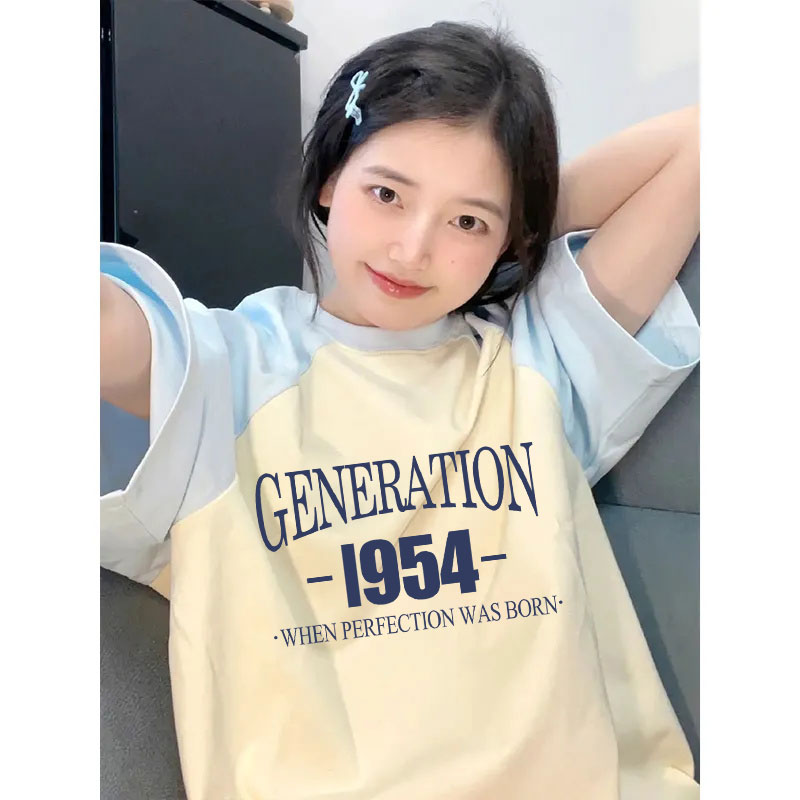 Pure cotton national trend color contrast personality splicing printing loose round neck short-sleeved t-shirt for women