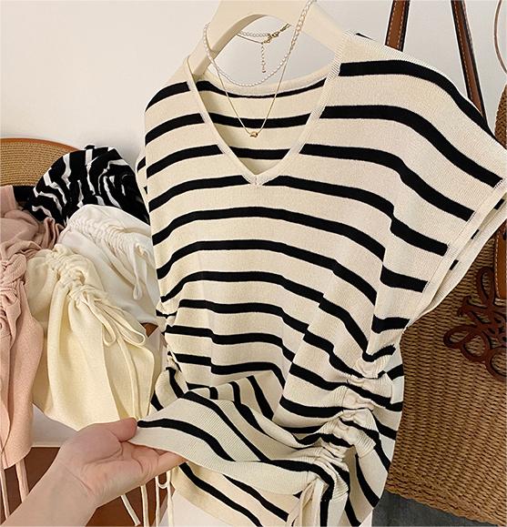 Retro Contrast Color Striped V-neck Flying Sleeves Ice Silk Knitted Sweater Women's Spring and Summer Western Style Slim Side Drawstring Tops