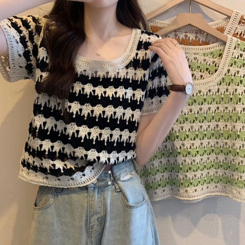 U-neck retro striped short-sleeved knitted sweater women's summer hollow hook flower Hyun Ya style small loose short top
