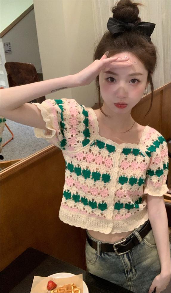 Design Slim Crochet Hollow Knit Sweater Summer 2023 New Fashion Sweet Girl Short-sleeved Shirt Top Women's Clothing