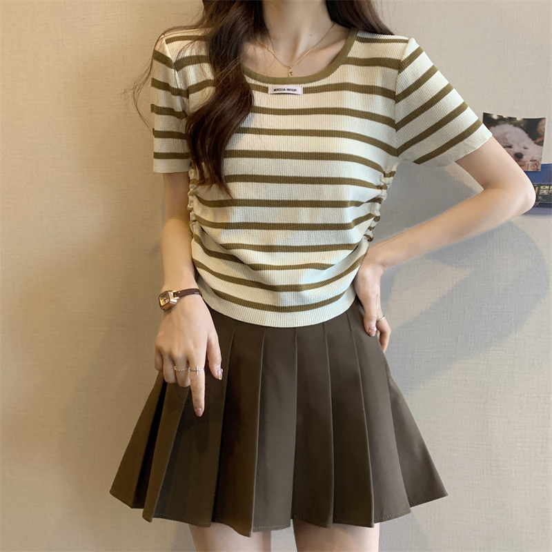 Summer new Korean version irregular drawstring short-sleeved t-shirt women's striped temperament slimming bottoming knitted top all-match