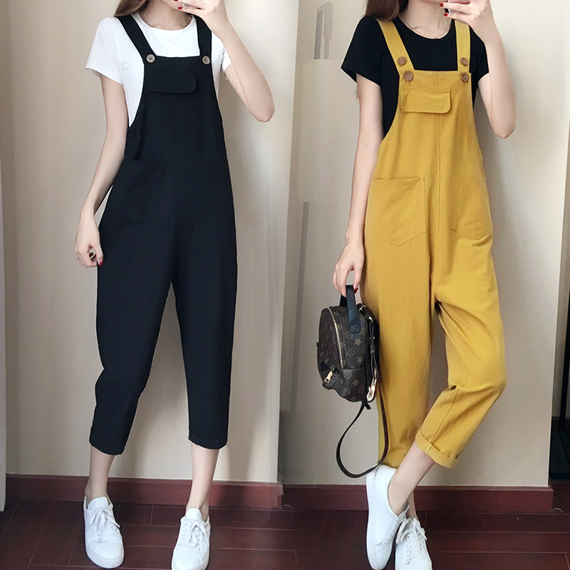 Large size women's summer Korean version of college style fat mm loose overalls women's suspenders harem pants 200 catties nine-point pants
