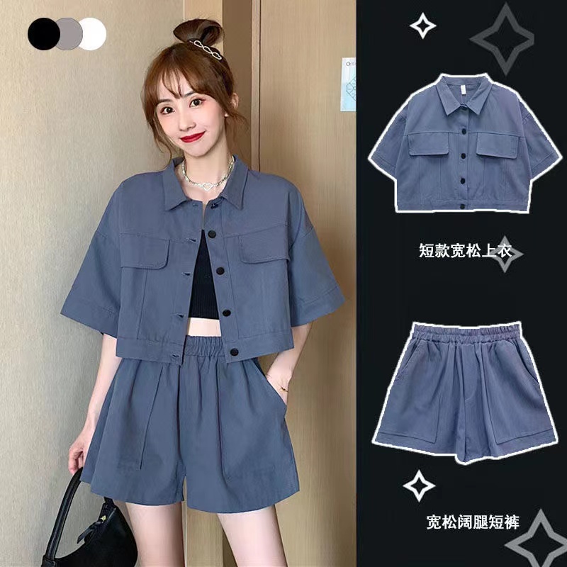 Tooling suit female Korean version of foreign style hot girl summer all-match fashion junior high school students loose student shorts two-piece set