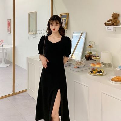 Plus size fat sister slim dress 2022 new summer temperament waist slit French fairy skirt black skirt