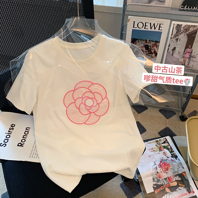 200 grams of pure cotton back bag combed tightly new short-sleeved t-shirt women's sequin embroidery Tmall Douyin quality