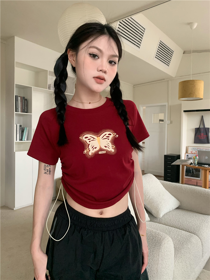 Cotton back bag 210g Odell 40 counts 92 cotton 8 spandex short-sleeved T-shirt female print drawstring tremolo quality