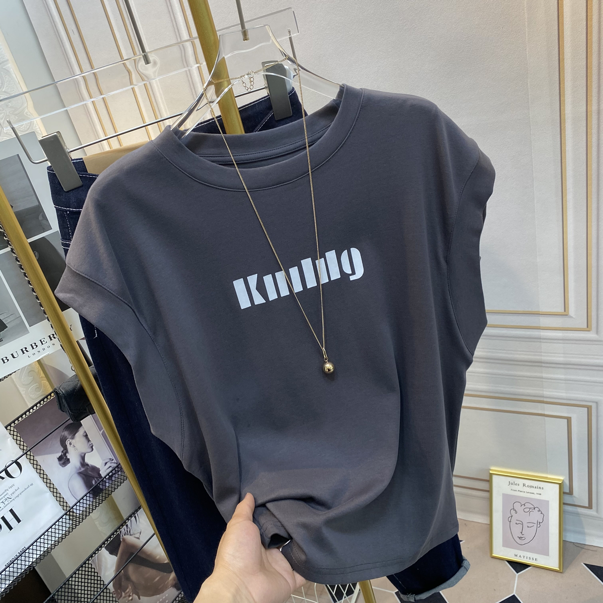 200 grams of pure cotton back bag combed tightly new short-sleeved t-shirt female printed small flying sleeves Tmall Douyin quality