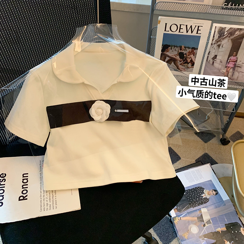 200g pure cotton back bag combed tight new short-sleeved t-shirt female POLO collar + flowers Tmall Douyin quality