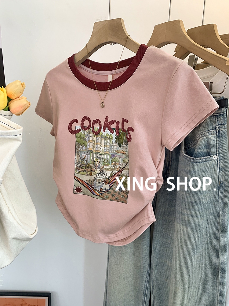Pure cotton back bag 210g Odell 92 cotton 8 spandex short-sleeved T-shirt women's printing irregular vibration quality