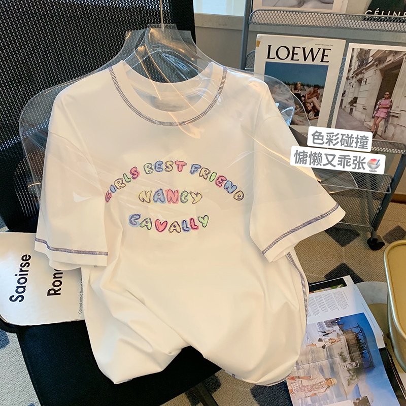 200 grams of pure cotton back bag combed tightly New short-sleeved T-shirt female printed open thread Tmall Douyin quality