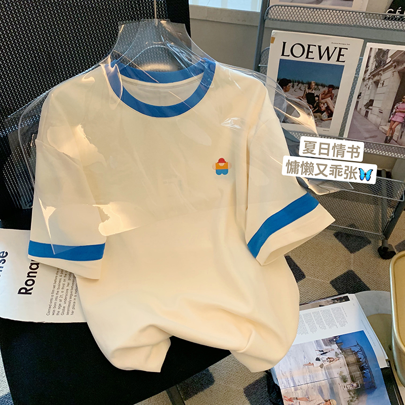 200 grams of pure cotton back bag combed tightly New short-sleeved T-shirt female embroidery splicing Tmall Douyin quality