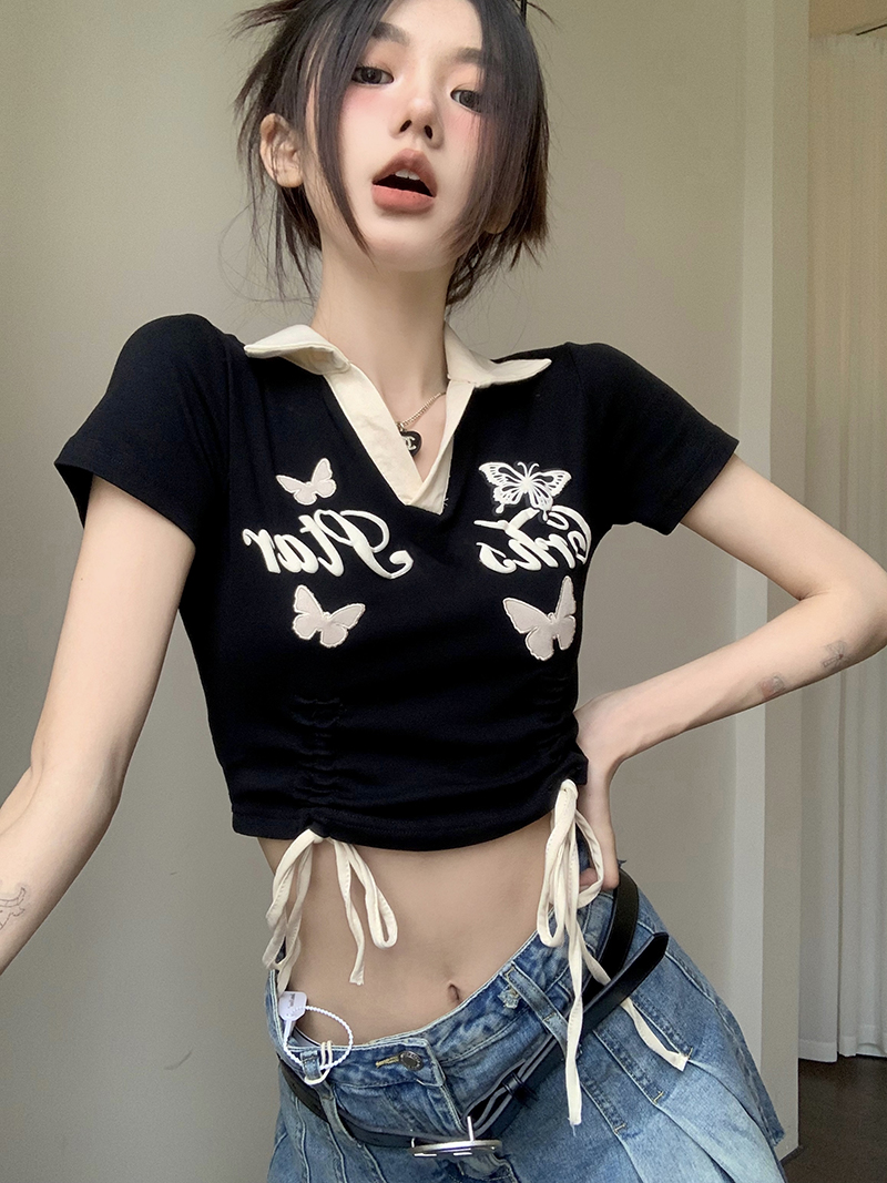 Cotton back bag 210g Odell 40 counts 92 cotton 8 spandex short-sleeved T-shirt female print POLO collar shaking sound quality