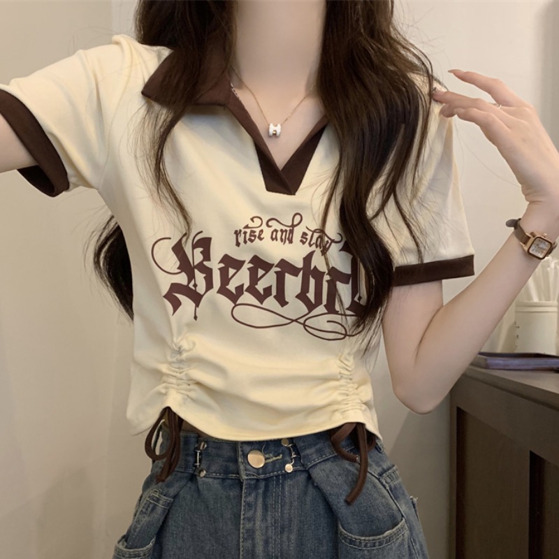 Cotton back bag 210g Odell 92 cotton 8 spandex short-sleeved T-shirt female print drawstring POLO collar shaking sound quality