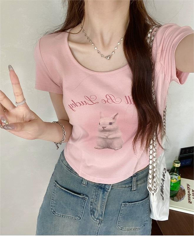 Official image New bm style pure desire short fishbone arc rabbit print U-neck short-sleeved T-shirt women's top