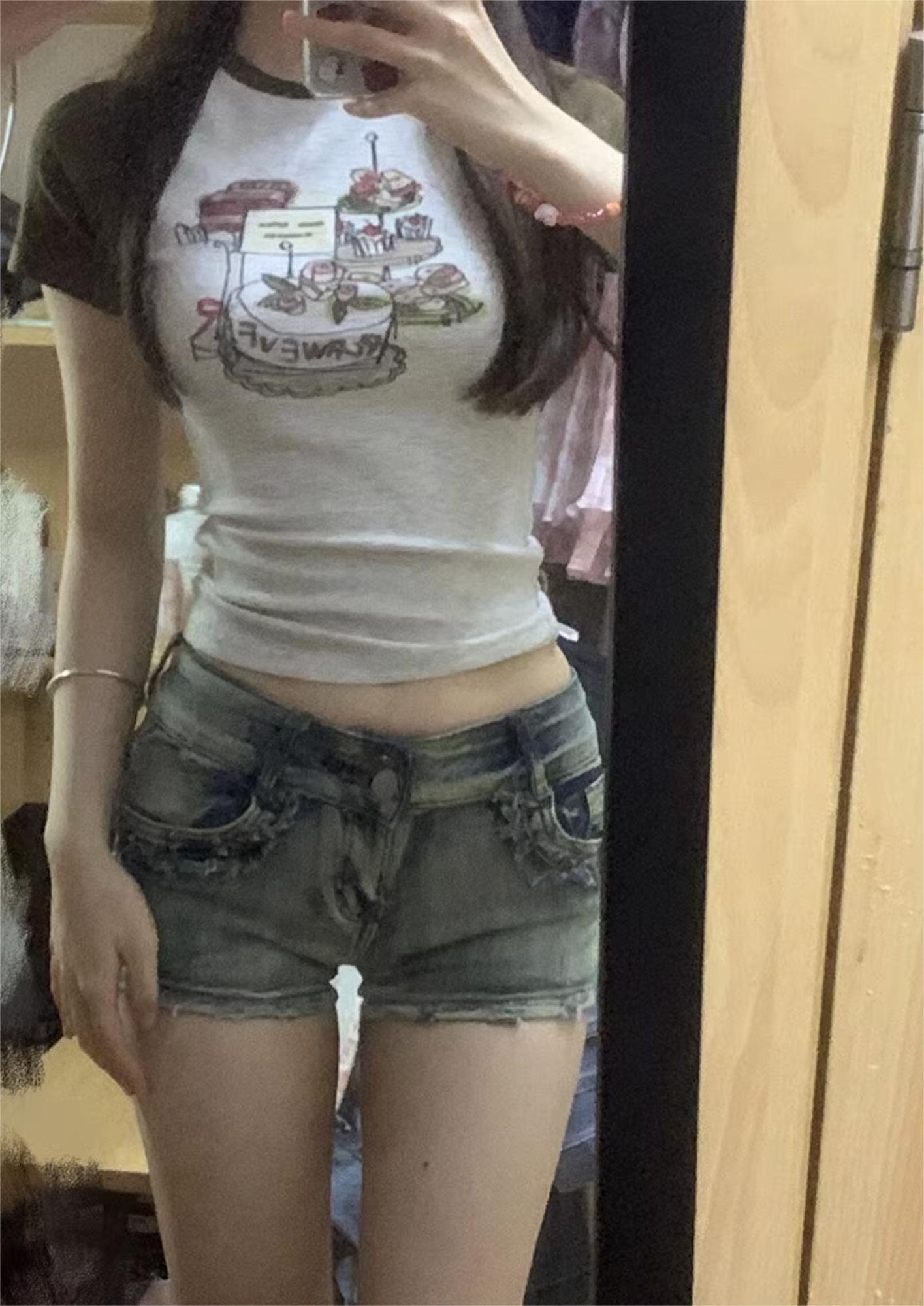 Ice Silk Thread Cartoon Letter Raglan Short Sleeve T-Shirt Female Summer Slim