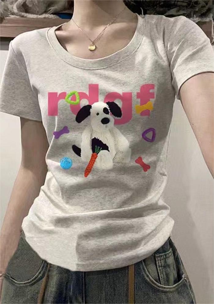 Pure cotton 40 counts combed tight 210g with elastic printed slim short-sleeved t-shirt for women
