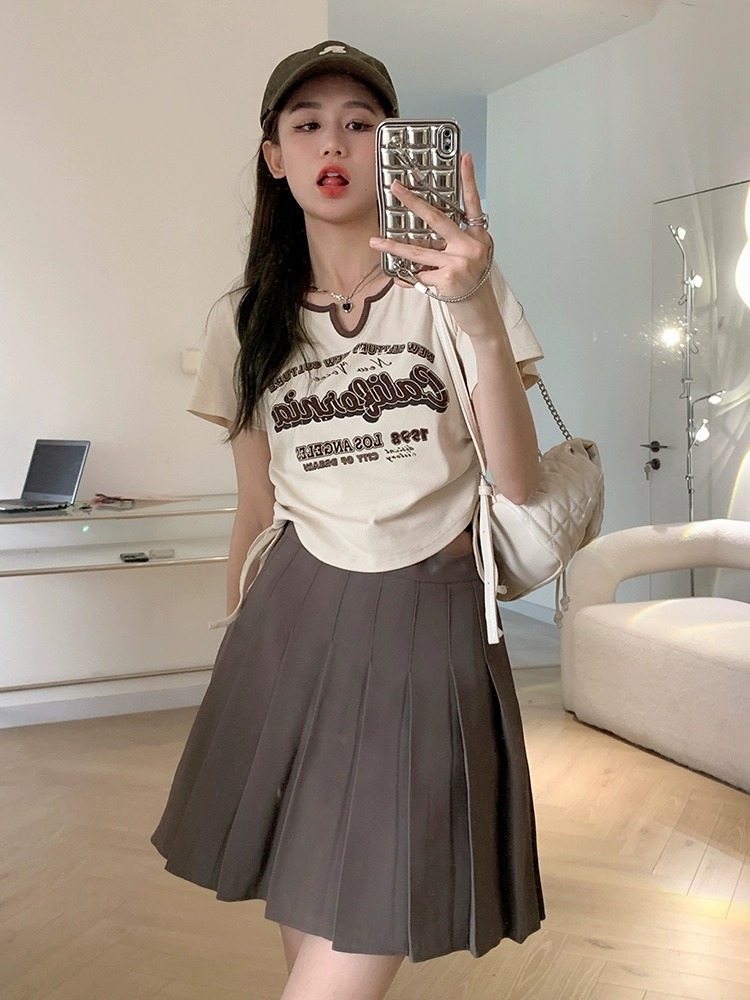 Official picture ice silk thread letter printing short-sleeved T-shirt women's V-neck drawstring design sense short top tide