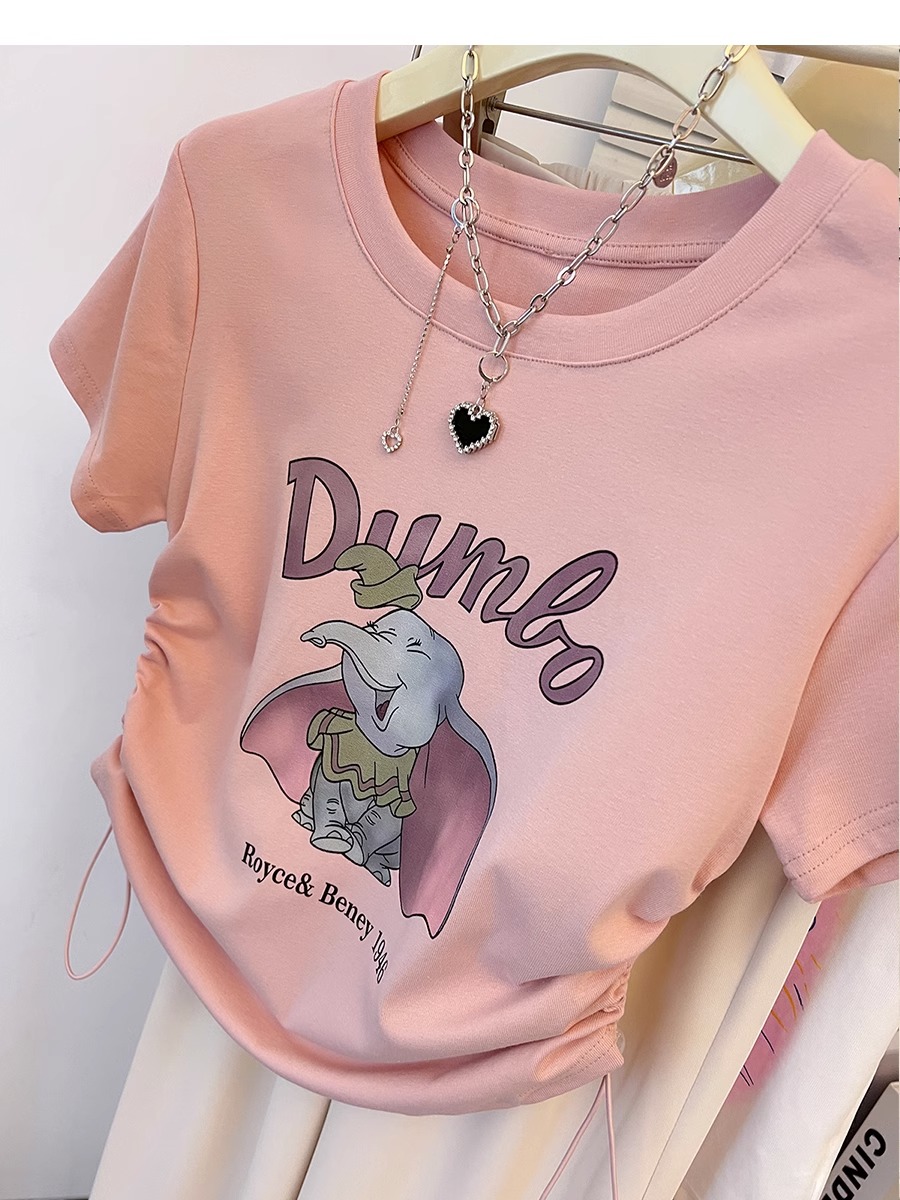 Ice silk thread cartoon print Dumbo short-sleeved drawstring slim-fit shoulder top