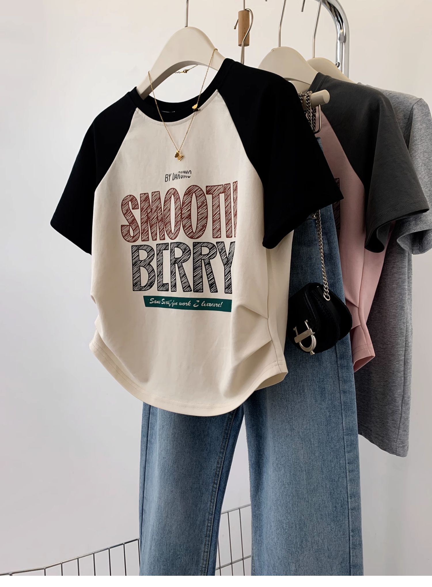 Official picture 1*1 threaded short-sleeved t-shirt women's summer raglan sleeves slim-fit trendy round neck top