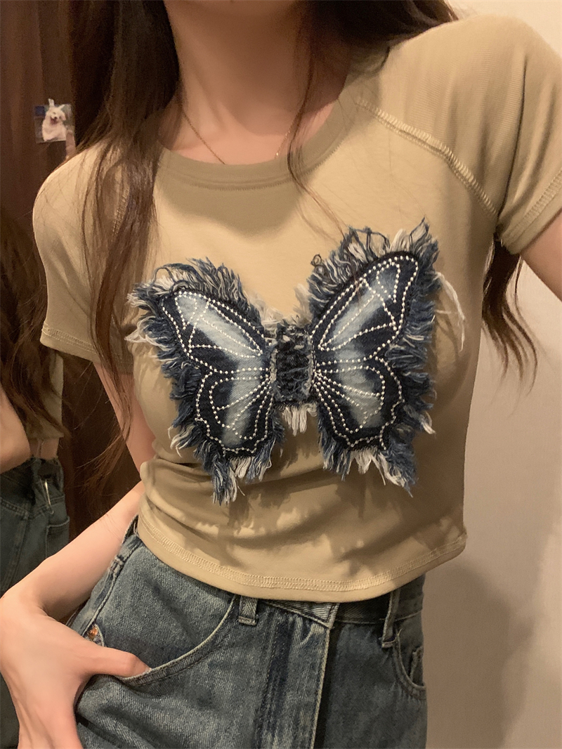 Cotton back bag 210g Odell 92 cotton 8 spandex short-sleeved T-shirt cowgirl patch Tmall Douyin quality