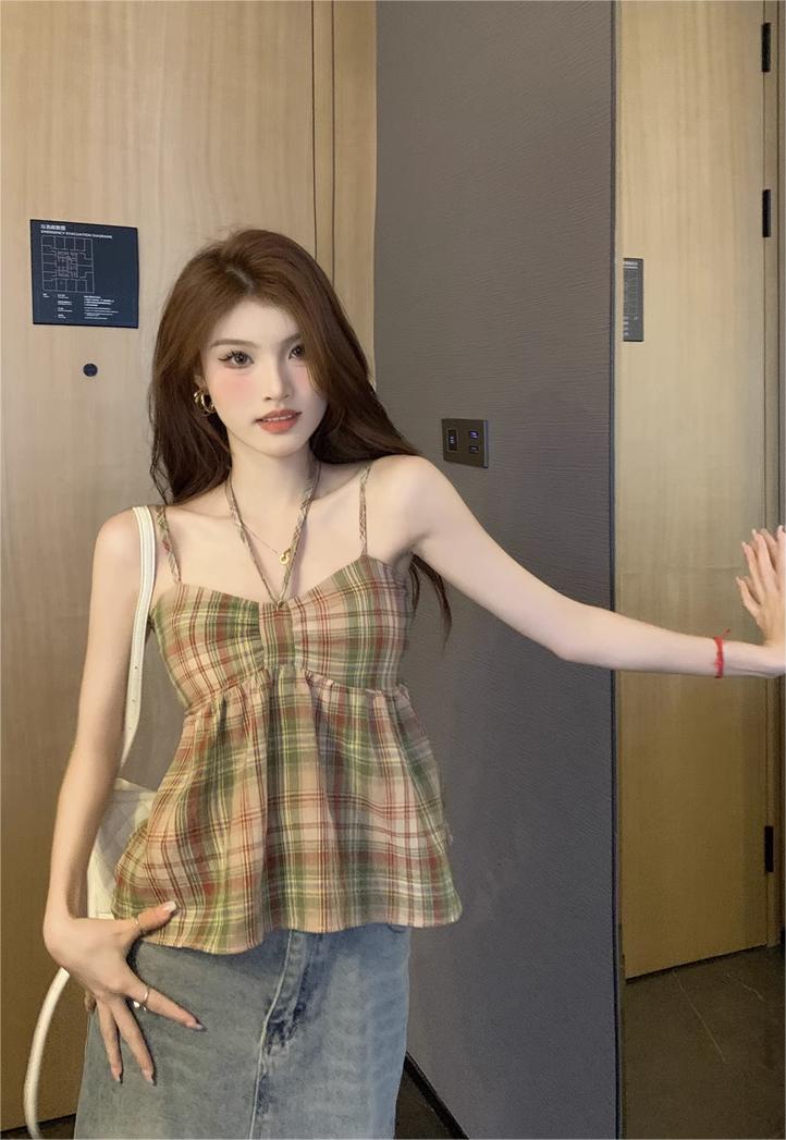 Halter neck small camisole women's summer retro Korean style plaid doll shirt with chest pad outer wear inner top