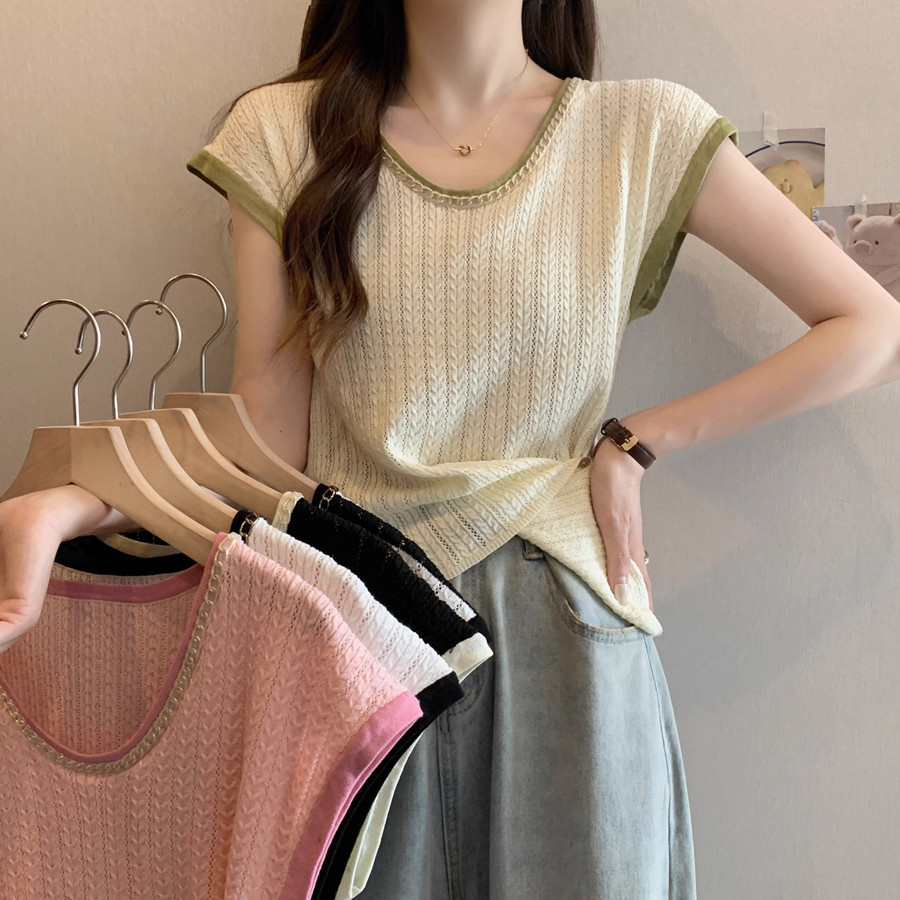 European thin section hollow ice silk sweater T-shirt women's summer 2023 new loose fashion chic sleeveless top
