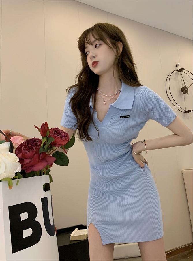 Summer new slim lapel dress women's pure desire skirt hot girl slit knitted bag hip skirt