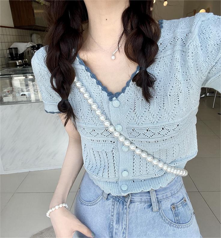 Hollow knitted short-sleeved beautiful t-shirt women's summer thin cardigan short v-neck top age-reducing western style sweet small shirt