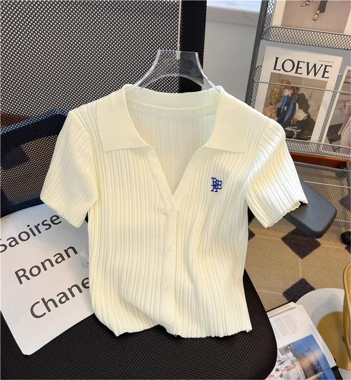 Summer new style western-style letter lapel knit sweater women's design sense self-cultivation short short shirt pure desire wind thin top