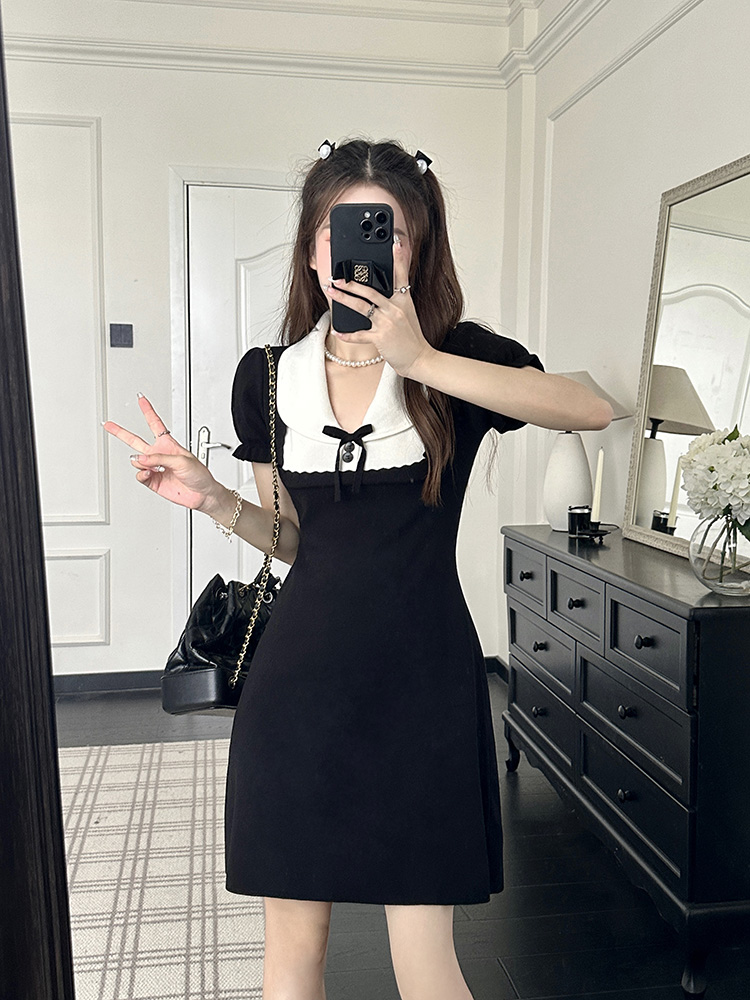 French style small fragrance polo dress women's summer new waist slimming bow knitted short-sleeved skirt