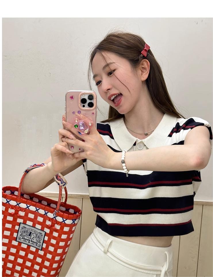 Meat End Summer Qingyu | Contrasting color polo collar striped t-shirt women's summer short loose sleeveless knitted vest for outerwear