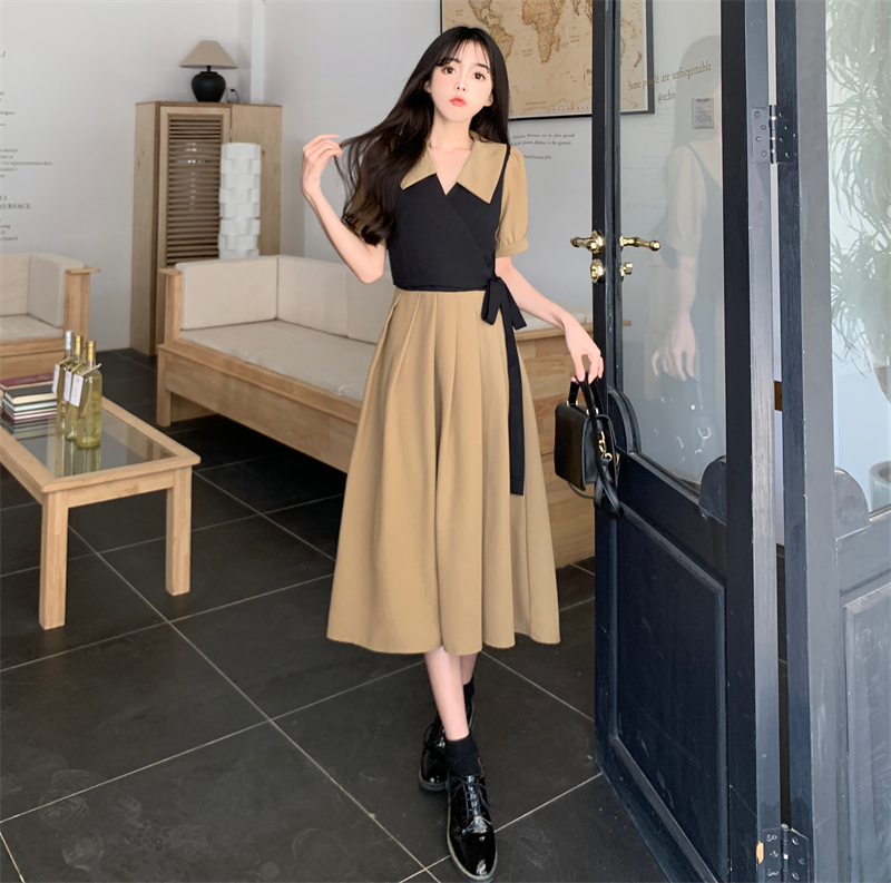 #828Official picture net price Short-sleeved fake two-piece French retro Hepburn style slim tie tea break dress for women