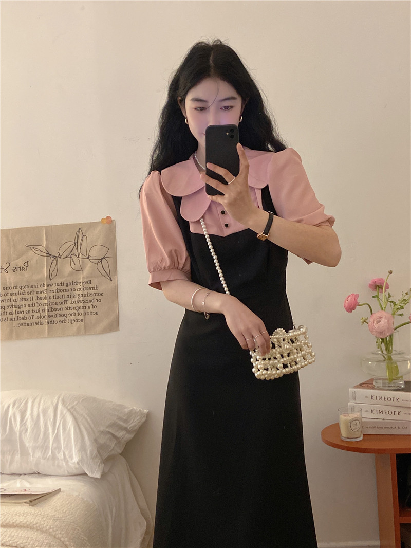 #831Official picture net price French niche design sense fake two-piece doll collar dress female waist slimming long skirt