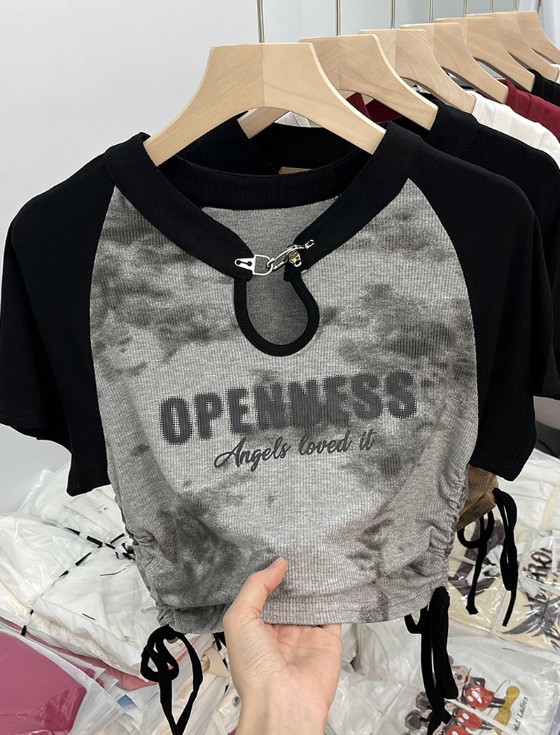 Cotton back bag 210g Odell 92 cotton 8 spandex short-sleeved T-shirt female tie-dye print drawstring tremolo quality