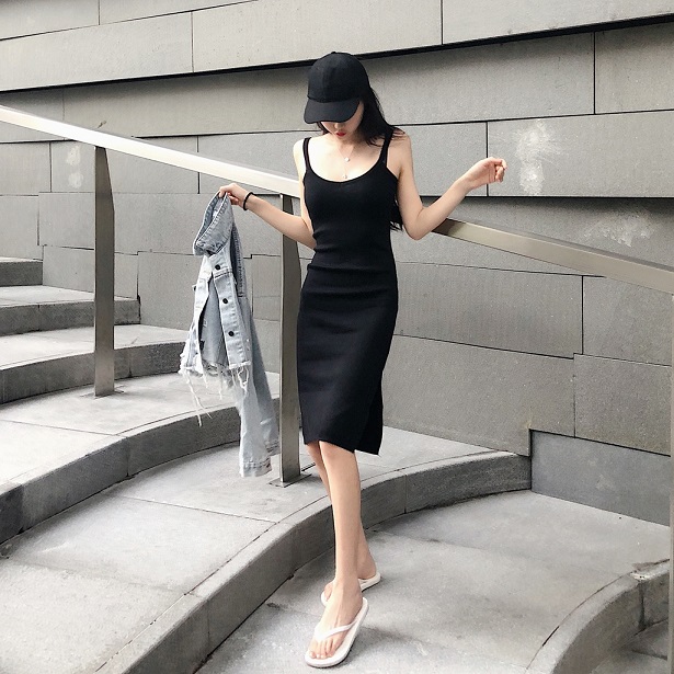 Summer Slimming Sexy Buttock Knitted Vest Long Skirt with Tight Sling Skirt on the Back and Summer Bottom Dress for Women