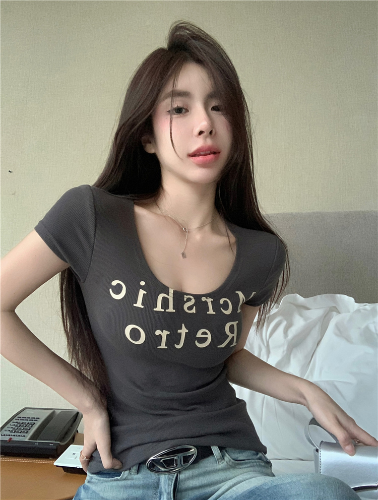 Cotton back bag 210g Odell 92 cotton 8 spandex short-sleeved T-shirt female printed U-neck Tmall Douyin quality