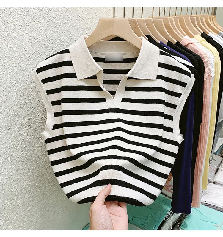 Collar striped camisole female loose all-match sleeveless T-shirt early autumn new outerwear knitted vest top