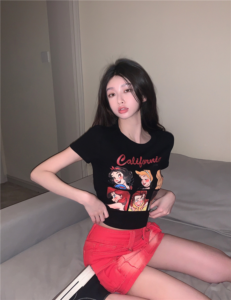 Sweet hot girl cartoon print short-sleeved T-shirt female Korean version cute slim slim short top